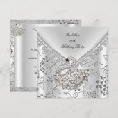 Swan Silver Damask White Elegant Birthday Kaart (Voorkant / Achterkant)