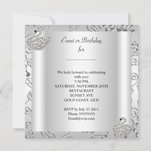 Swan Silver Damask White Elegant Birthday Kaart (Achterkant)