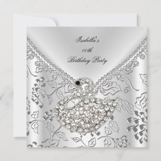 Swan Silver Damask White Elegant Birthday Kaart (Voorkant)