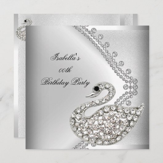 Swan Silver White Elegant Birthday Party Kaart (Voorkant / Achterkant)