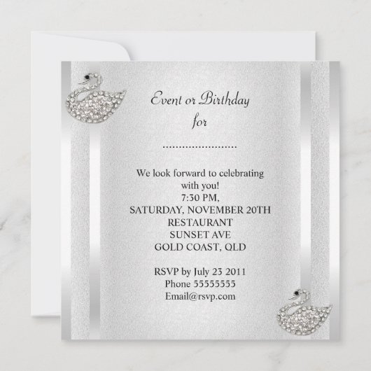 Swan Silver White Elegant Birthday Party Kaart (Achterkant)