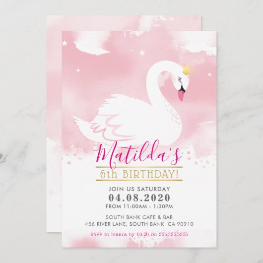 SWAN VERJAARDAGSFEEST UITNODIGEN  tiara goud roze Kaart (Voorkant / Achterkant)