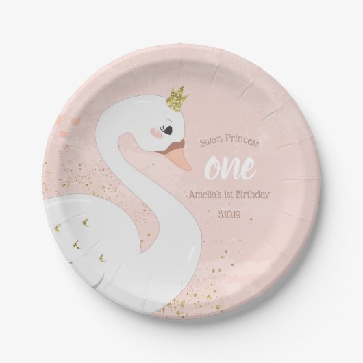 Swan Verjaardagsfeestje Papier Bord | roze en goud (Voorkant)