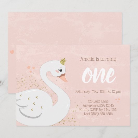 Swan verjaardagsfeestje uitnodiging | roze en goud (Voorkant / Achterkant)