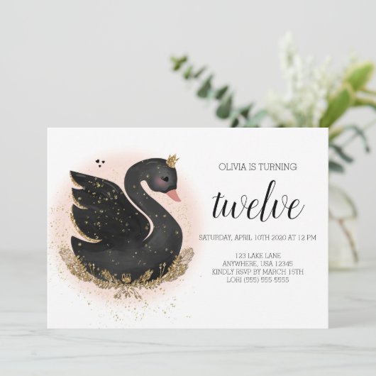 Swan verjaardagsfeestje uitnodiging | Zwart en Gou (Staand voorkant)