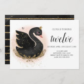 Swan verjaardagsfeestje uitnodiging | Zwart en Gou (Voorkant / Achterkant)
