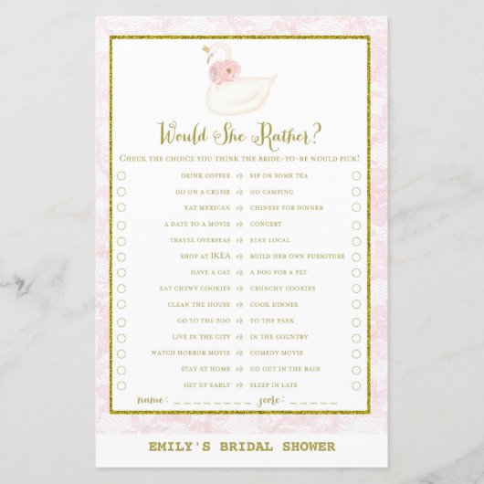 Swan Vrijgezellenfeest Game PRINED (Voorkant)