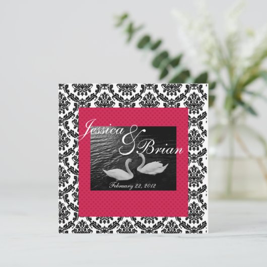 Swan Wedding of Verloving Invitting Damask Re Kaart (Staand voorkant)