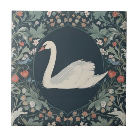 Swan William Morris stijl Links tegenover Floral Tegeltje (Voorkant)