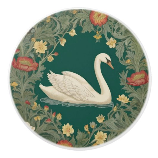 Swan William Morris stijl Rechts tegenover Blauwgr Keramische Knop (Voorkant)