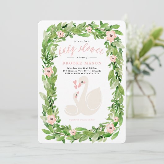 Swan Wreath Spring Baby shower Uitnodiging (Staand voorkant)