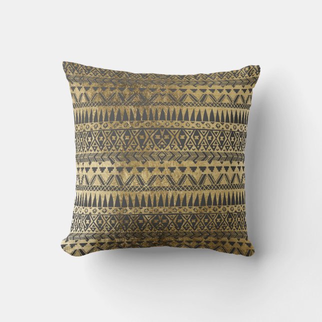 Swanky Faux Gold en Black Hand Drawn Aztec Kussen (Voorkant)