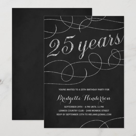 Swanky Silver 25th Birthday Party Kaart (Voorkant / Achterkant)