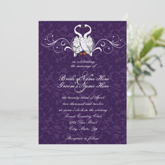 Swans Damask Wedding Invitation Kaart (Staand voorkant)