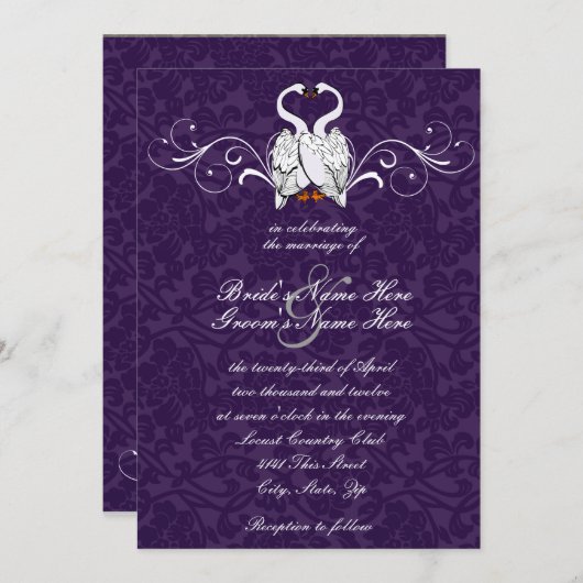 Swans Damask Wedding Invitation Kaart (Voorkant / Achterkant)