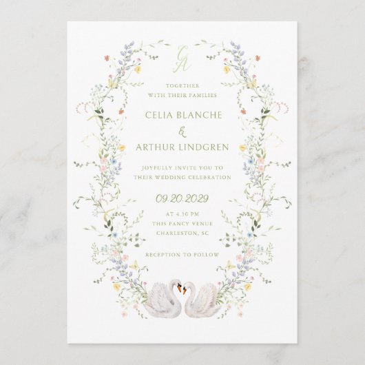 Swans Floral Frame Monogram Wedding Kaart (Voorkant)