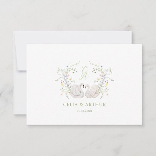 Swans Floral Monogram Crest Wedding Bedankkaart (Voorkant)