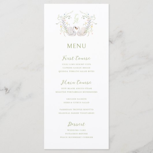 Swans Floral Monogram Crest Wedding  Menu (Voorkant)