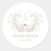 Swans Floral Monogram Crest Wedding  Ronde Sticker (Voorkant)