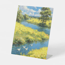 Swans in the Summer Stream Reclamebord Met Voetstuk