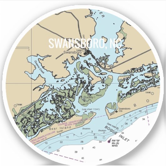 Swansboro NC Nautical Chart Sticker (Voorkant)