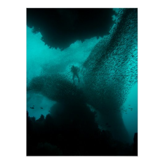 Swarm of the Deep – Diver & Fish School Ocean Perfect Poster (Voorkant)