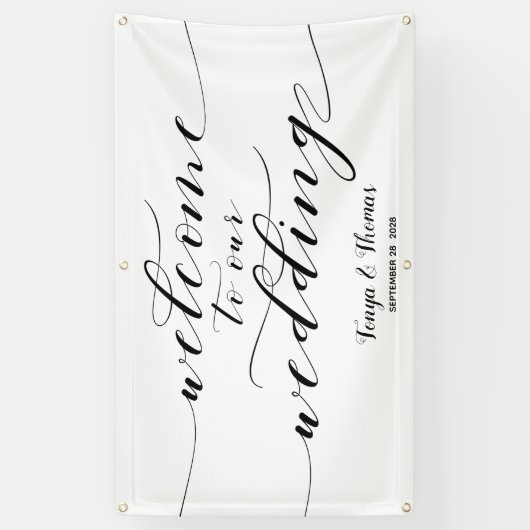 Swash Black Calligraphy Welkom op onze bruiloft Spandoek (Verticaal)