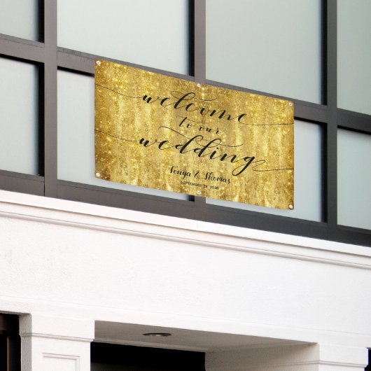 Swash Calligraphy Sparkling Gold Welcome Wedding Spandoek (Buitenkant Gebouw)
