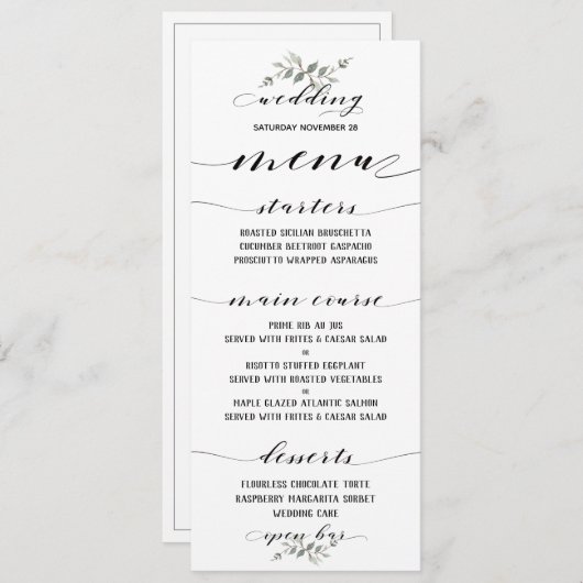Swash Font Calligraphy Zwart Wit Classic Wedding Menu (Voorkant / Achterkant)