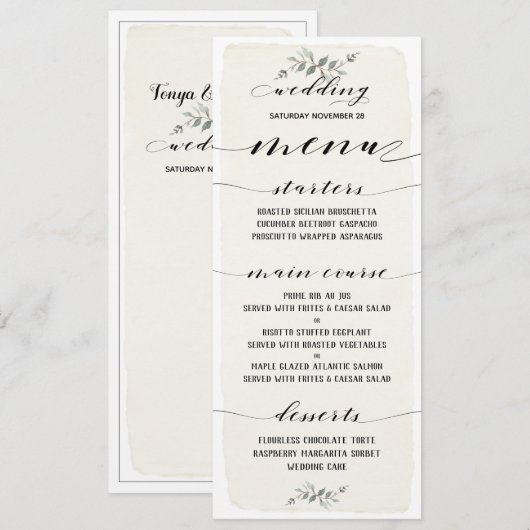 Swash Font Writing Calligraphy Rustic Wedding Menu (Voorkant / Achterkant)