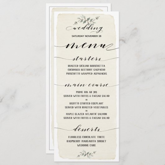 Swash Font Writing Calligraphy Rustic Wedding Menu (Voorkant / Achterkant)