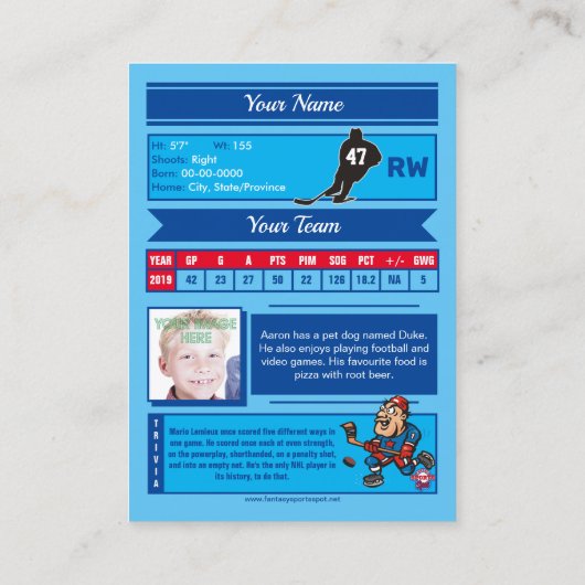 Swash Hockey Trading Kaart - aangepaste statistiek Contactkaartje (Achterkant)