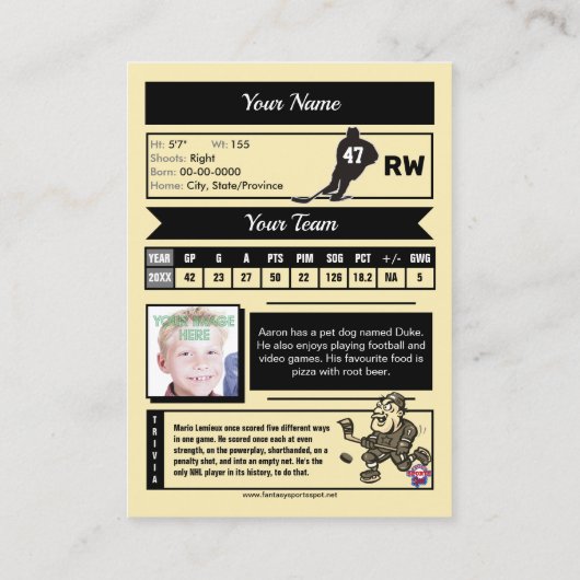 Swash Hockey Trading Kaart - aangepaste statistiek Contactkaartje (Achterkant)