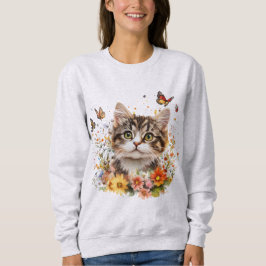 Sweatshirt met Schattige Kitten met Bloemen