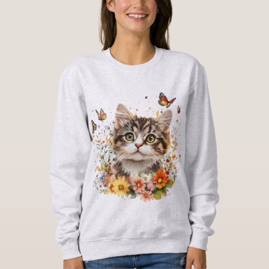 Sweatshirt met Schattige Kitten met Bloemen (Voorkant)
