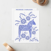 Swedish Dala Horse Blue and White Personalized Notitiekaartje (Voorkant / Achterkant in situ)