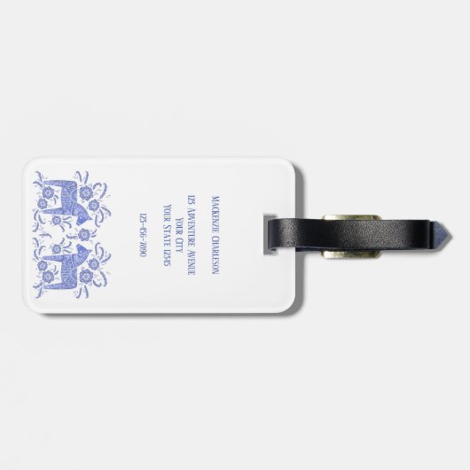 Swedish Dala Horse Folk Art Blue & White Custom Bagagelabel (Achterkant horizontaal)