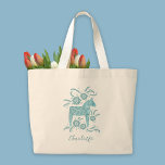 Swedish Dala Horse Persoonlijk Grote Tote Bag<br><div class="desc">Een  traditioneel Zweeds Dala Horse in blauwgroen groen en wit met scripttypografie. Verander de naam om te personaliseren. Originele kunst van Nic Squirrell.</div>