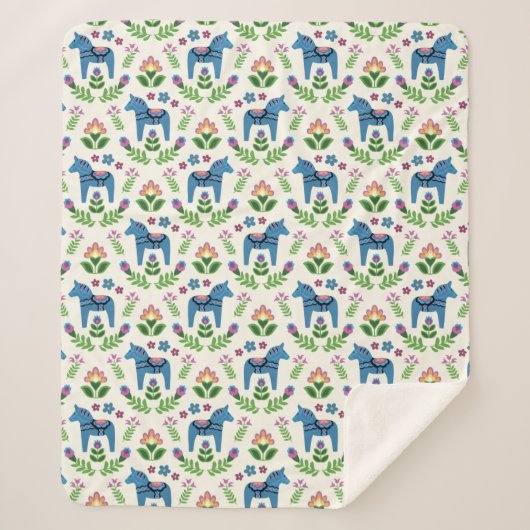 Swedish Dala Horses Blue Sherpa Deken (Voorkant)