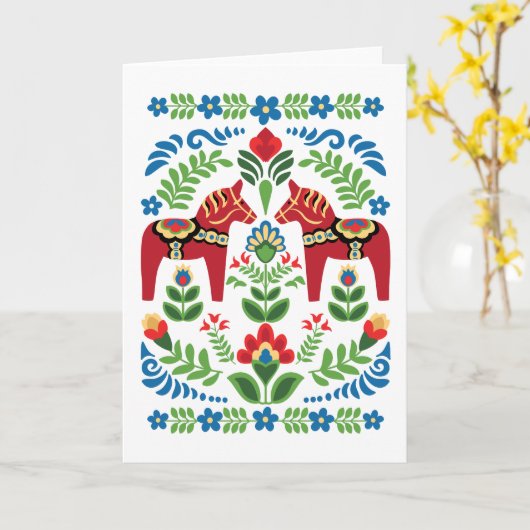 Swedish Dala Horses Red Greeting Card Kaart (Gele Bloem)