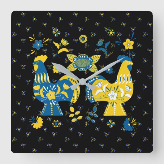 Swedish Folk Dala Rooster Vierkante Klok (Voorkant)