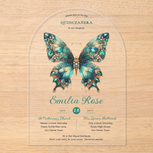 Sweet15 Butterflies QUINCEANERA Blauwgroen Gouden  Acryl Uitnodigingen (Voorkant)
