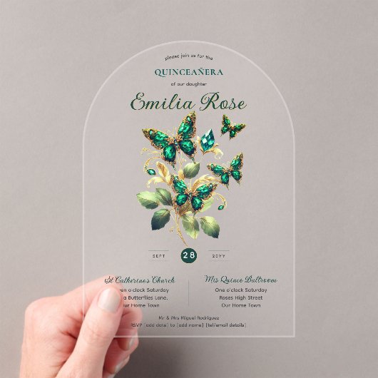 Sweet15 Butterflies QUINCEANERA Emerald Green Gold Acryl Uitnodigingen (Insitu (Draagbaar))