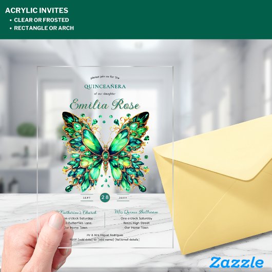 Sweet15 Butterflies QUINCEANERA Emerald Green Gold Acryl Uitnodigingen