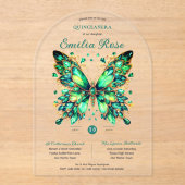 Sweet15 Butterflies QUINCEANERA Emerald Green Gold Acryl Uitnodigingen (Voorkant)