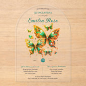 Sweet15 Butterflies QUINCEANERA Emerald Green Gold Acryl Uitnodigingen (Voorkant)