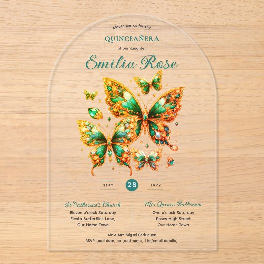 Sweet15 Butterflies QUINCEANERA Emerald Green Gold Acryl Uitnodigingen (Voorkant)