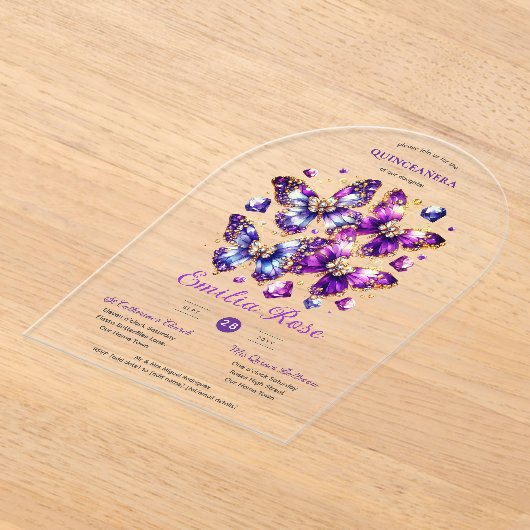 Sweet15 Butterflies QUINCEANERA Paarse Blauw Goud Acryl Uitnodigingen (Laagn)