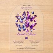 Sweet15 Butterflies QUINCEANERA Paarse Blauw Goud Acryl Uitnodigingen (Voorkant)