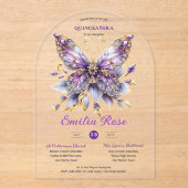Sweet15 Butterflies QUINCEANERA Paarse Blauw Goud Acryl Uitnodigingen (Voorkant)